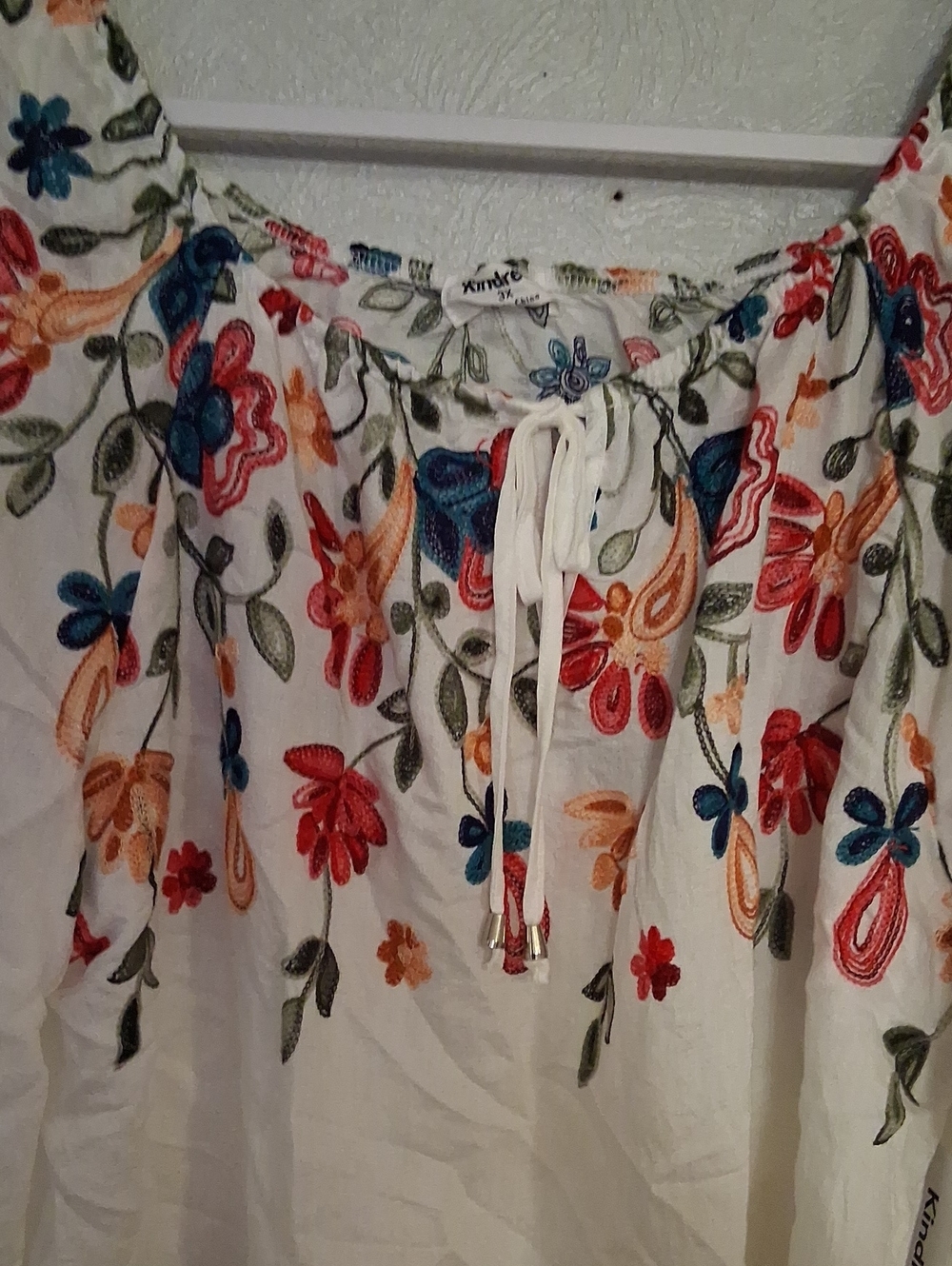 Kindred Embroidered White Peasant Blouse with Multicolor Floral Stitching